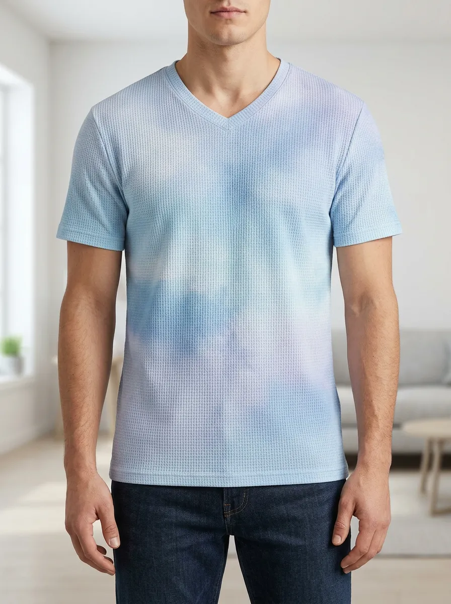 Men's Casual Style Blue Tie-Dye Waffle Knit V-Neck T-Shirt