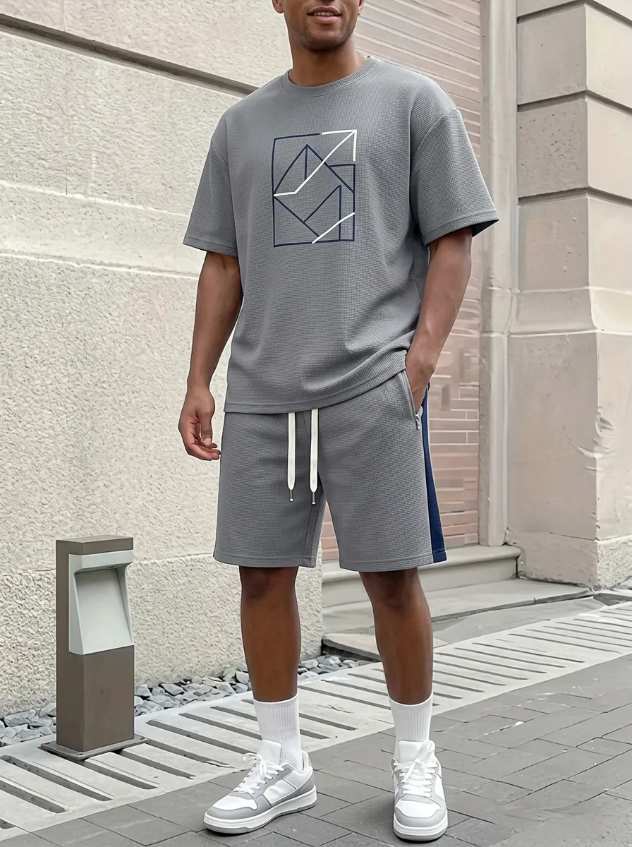 Classic Waffle Texture Geometric Pattern Look Men's T-Shirt And Shorts Set