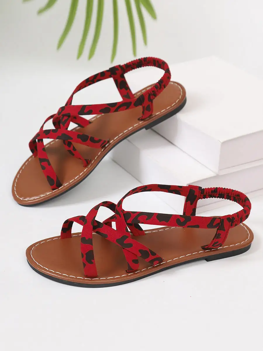 Leopard Open-Toe Strap Flat Sandals