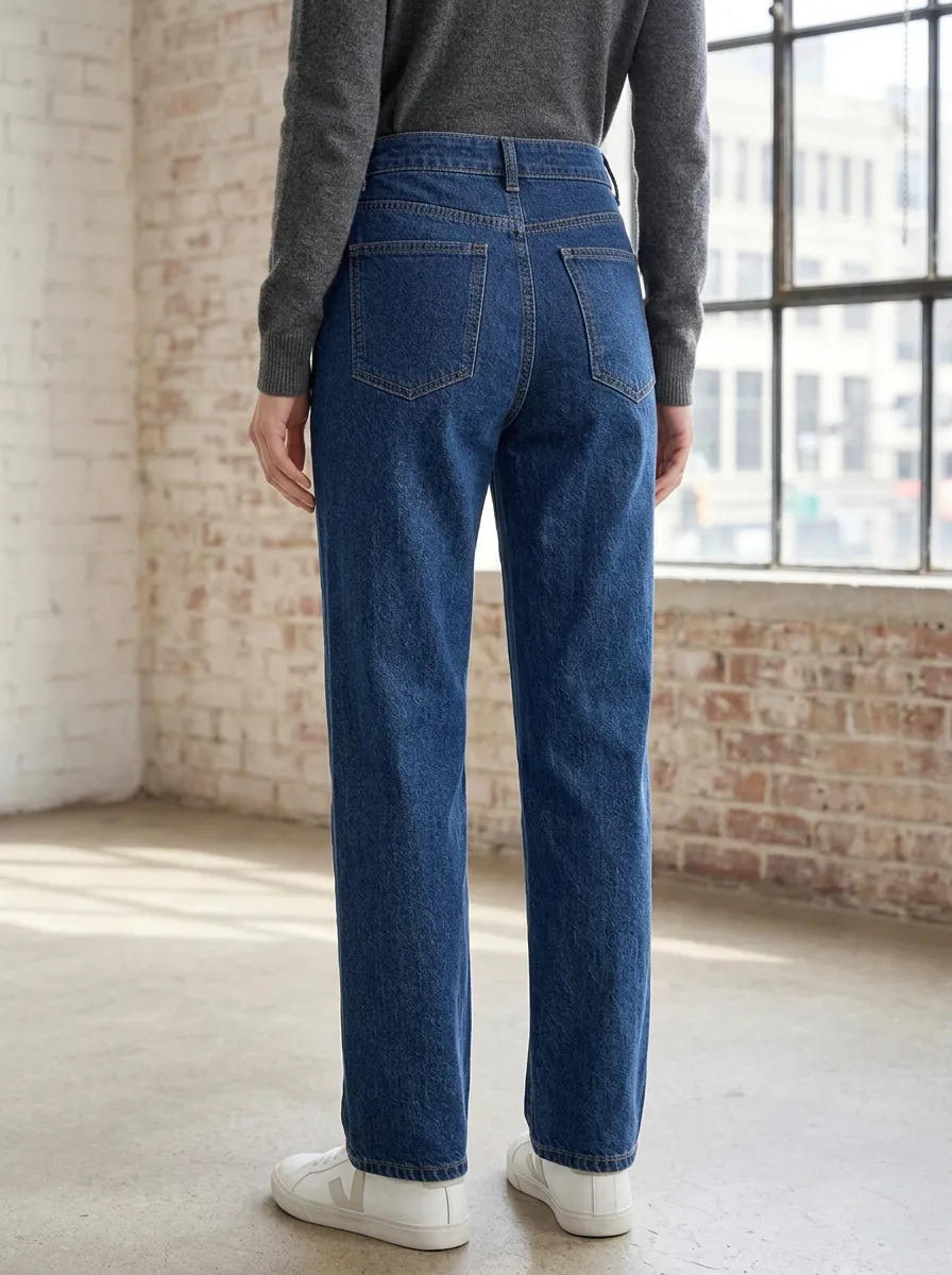 Women's High-Waisted Patch Pocket Straight Leg Denim Jeans