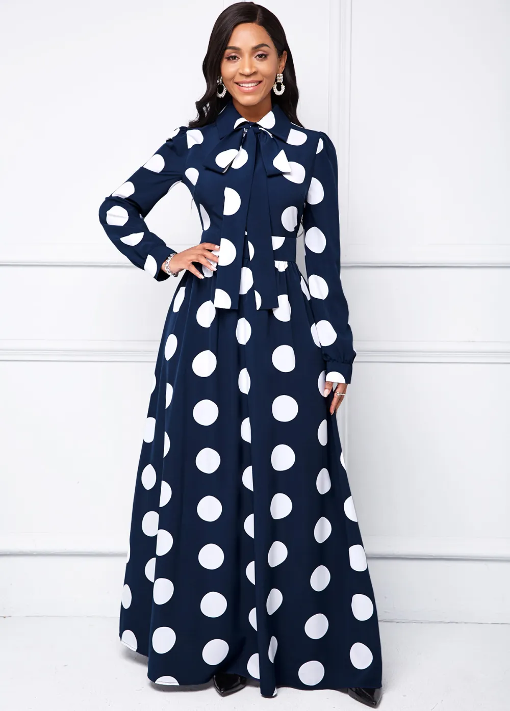 Long Sleeve Turndown Collar Polka Dot Dress