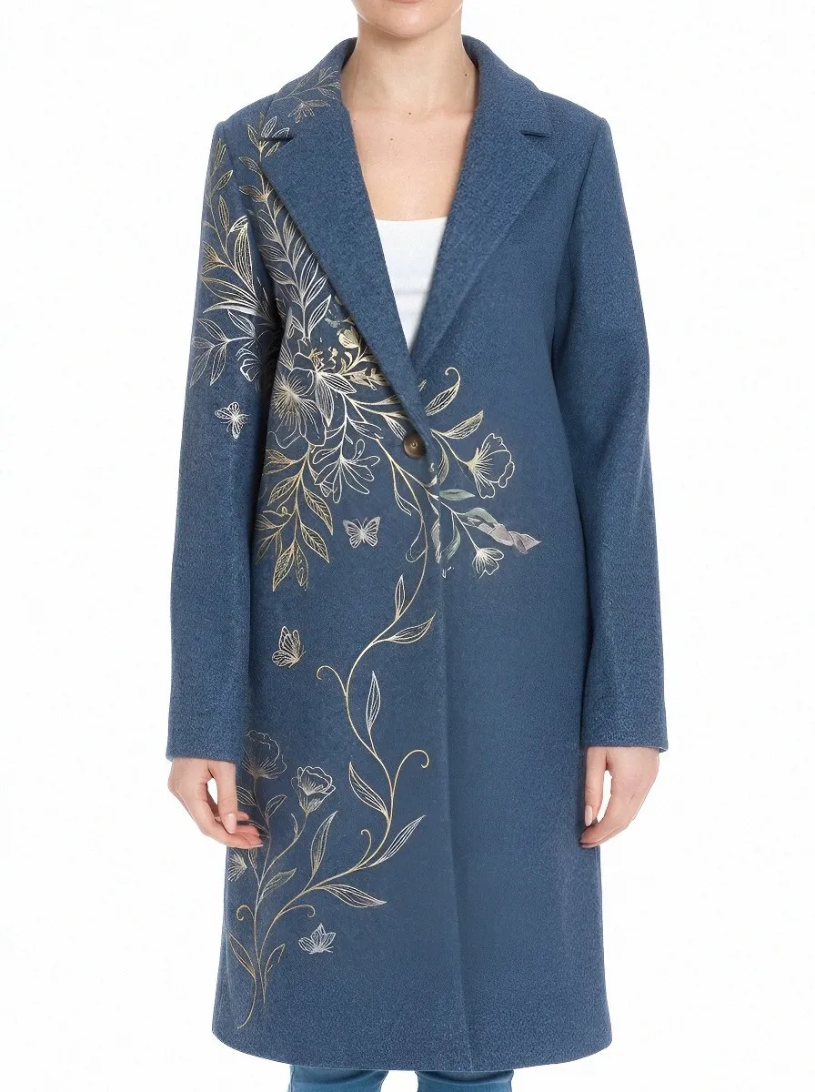 Women's Floral Butterfly Nature Art Printed Wool Coat