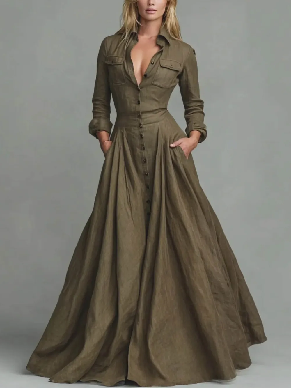 Retro Shirt Floor Length Maxi Dress