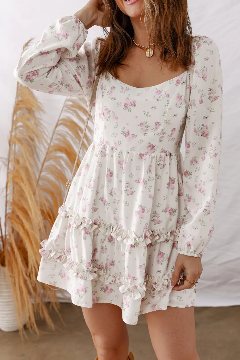 Smooth Finish Floral Printed Ruffle Mini Dress