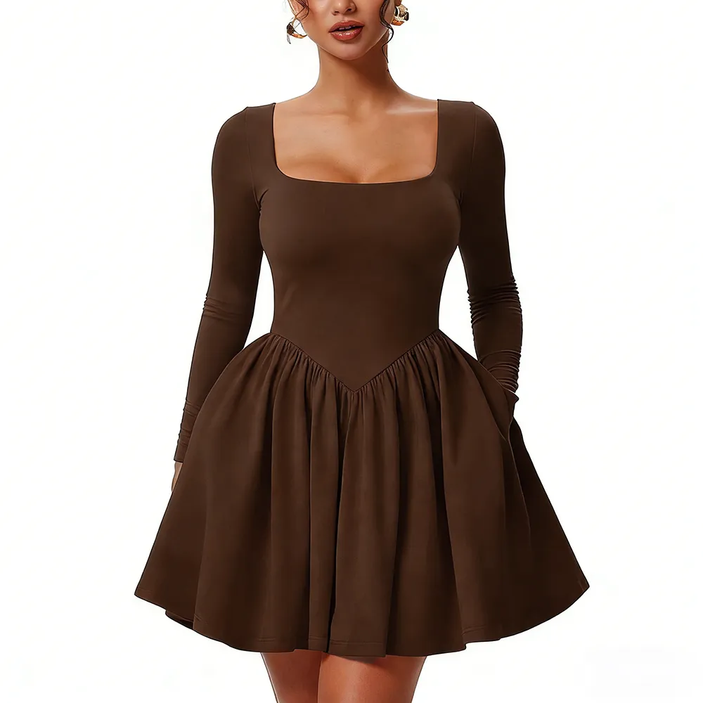 Women'S Square Neck A Line Dress With Pockets
