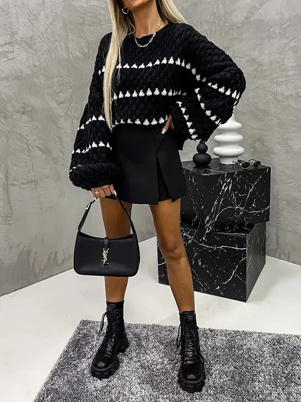 Paneled Round Neck Puff Sleeve Relaxed Fit Sweater