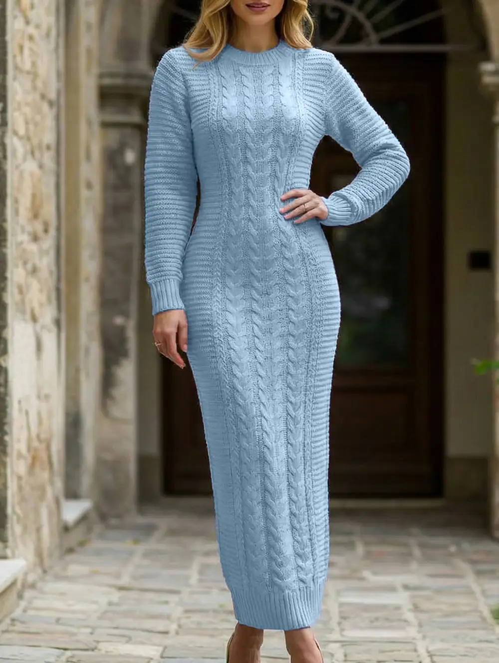 Cable Knit Long-Sleeved Wool Dress