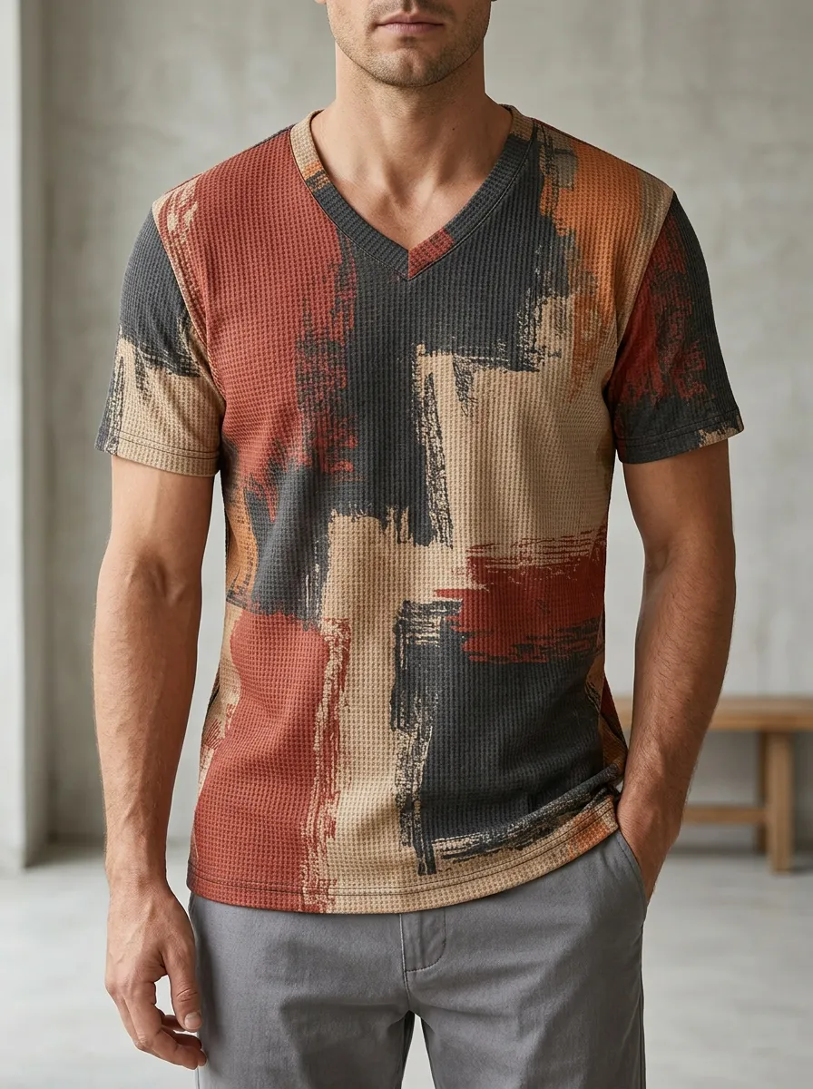 Men's Flowing Abstract Brushstroke Waffle Knit V-Neck T-Shirt