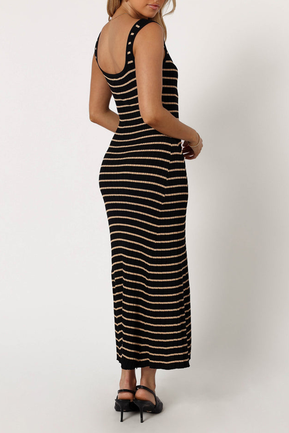 BLACK BEIGE STRIPED MIDI DRESS