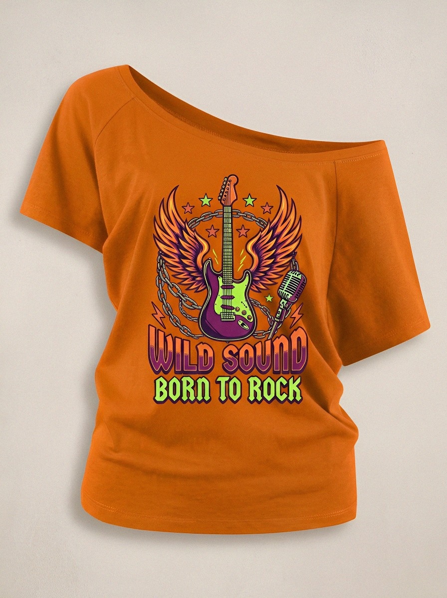 Women's Rock Music Lover Winged Guitar Microphone Printed Off-Shoulder Top