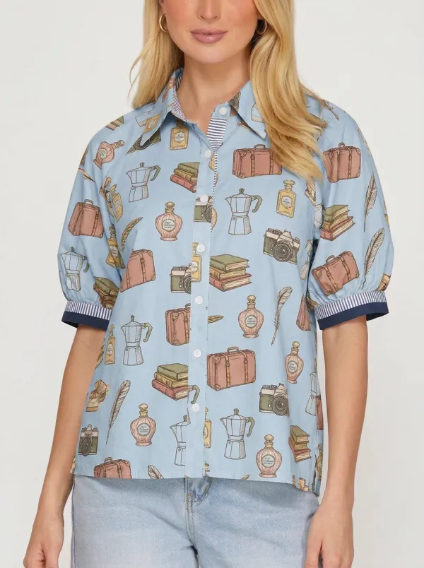 Women's Travel Hobbyist Camera Book Perfume Printed Shirt
