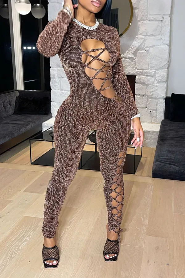 Sexy Solid See-through O Neck Skinny Jumpsuits