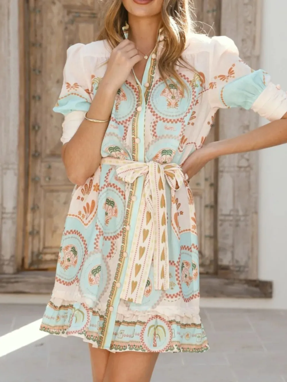 Printed Tie Waist Mini Dress