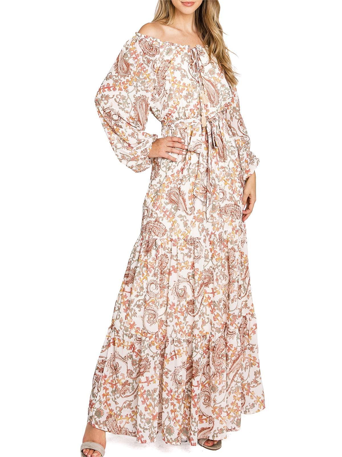 Beige Floral Long - Sleeve Maxi Dress