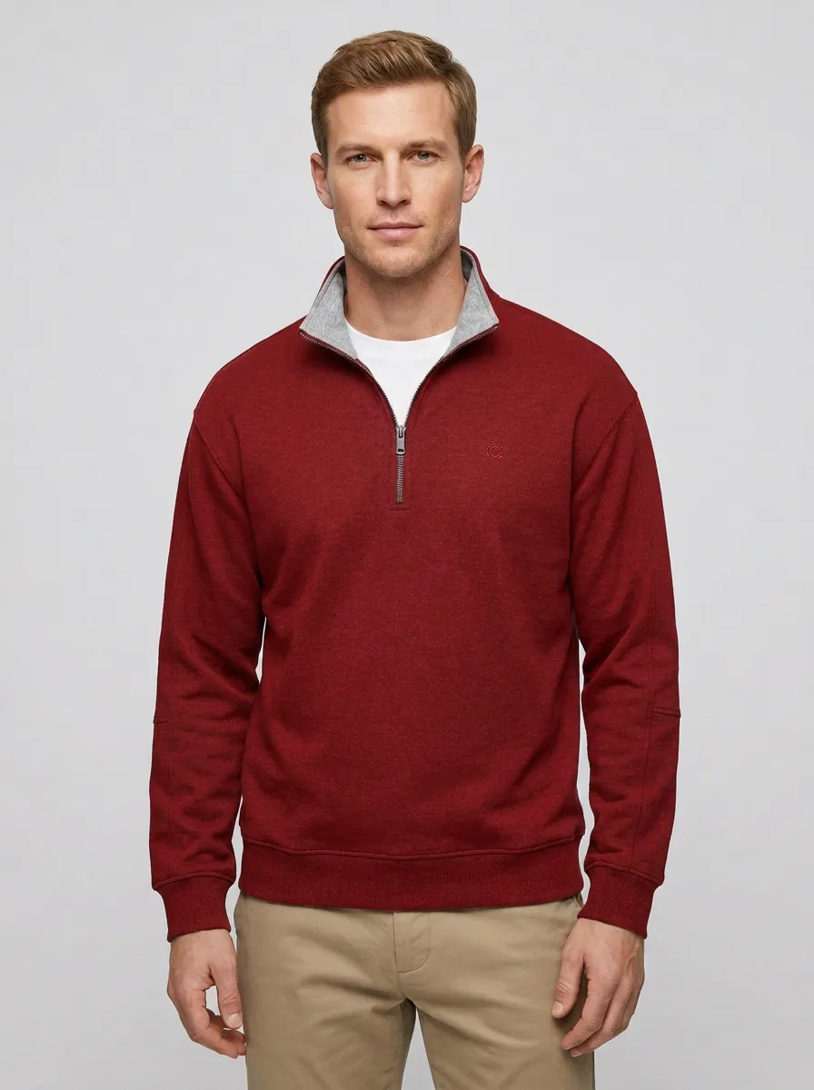 Men's Minimalist Textured Embroidered Emblem Quarter-Zip Sweatshirt