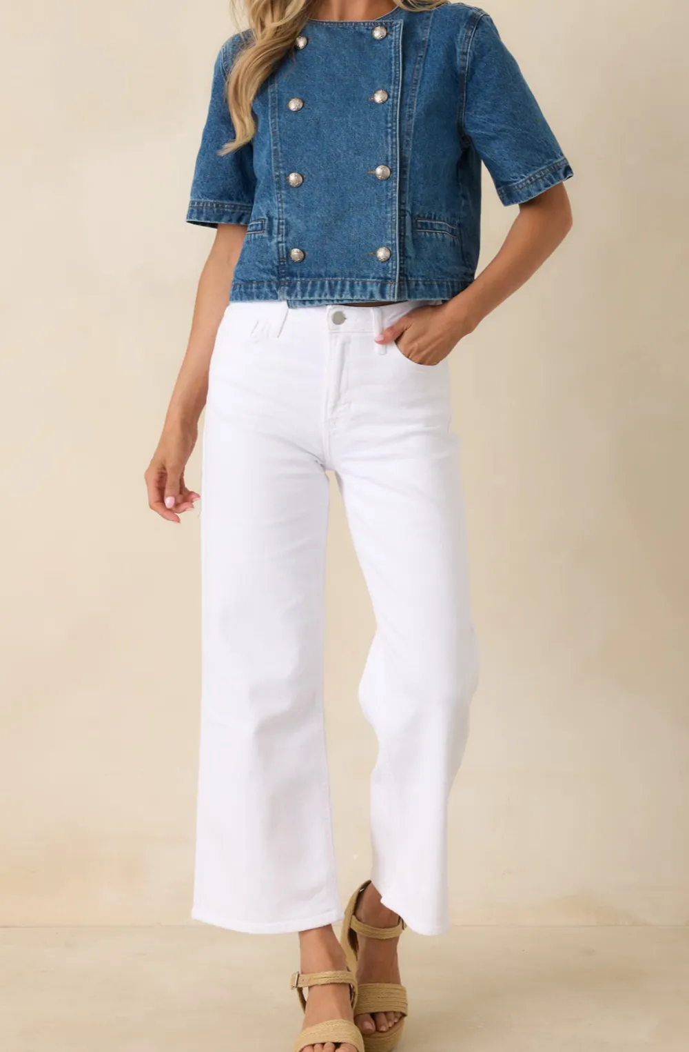Cotton Denim Cropped Wide Leg Jeans