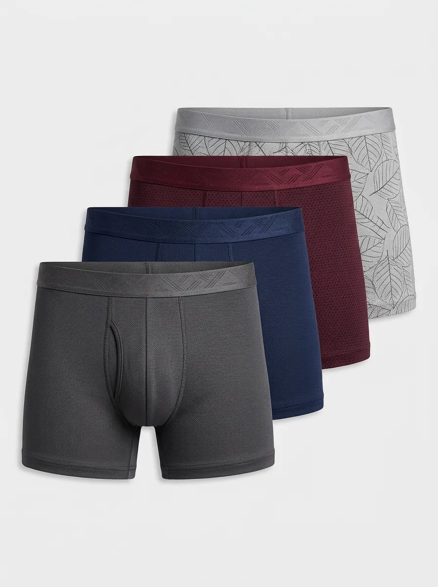Men's Boxer Briefs Four-Pack with Breathable-Look Cotton Leaf Motif Geometric