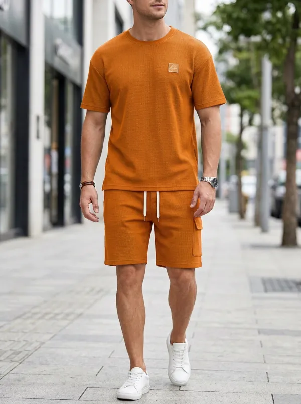 Casual Waffle Texture Utility Look Men's T-Shirt And Shorts Set