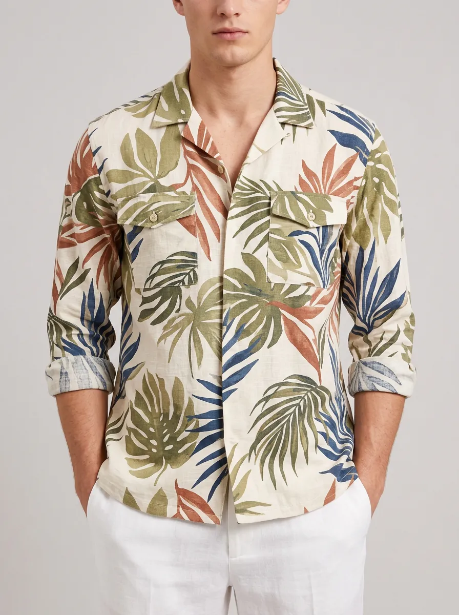 Men's Tropical Leaf Print Camp Collar Shirt Featuring Button-Front