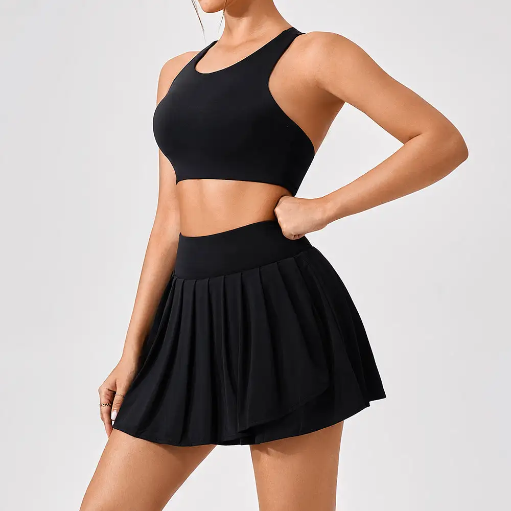 Backless Sleeveless Jacket, Bra and Skort Active Set