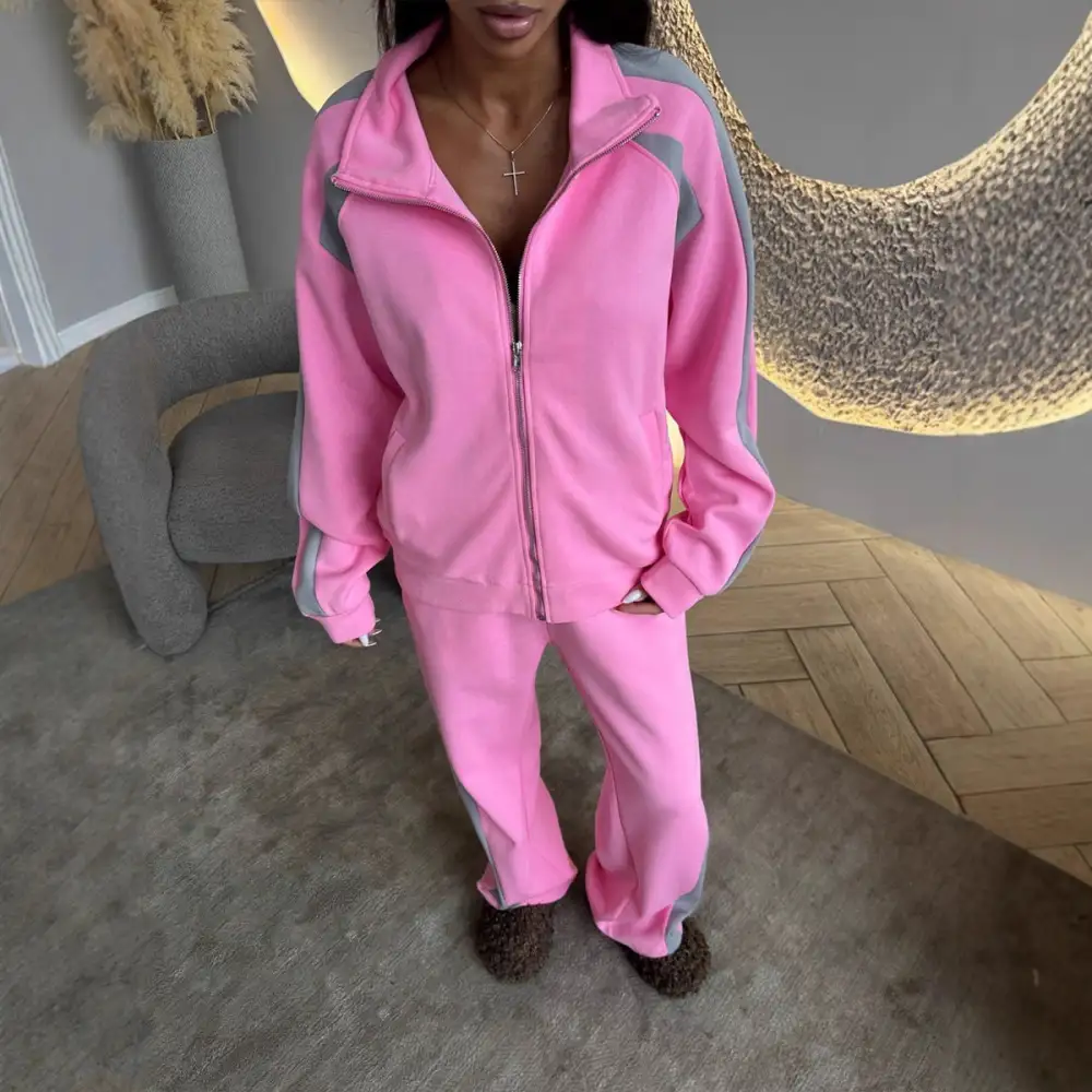 Zip-Front Long-Sleeve Checked Women's Matching Set