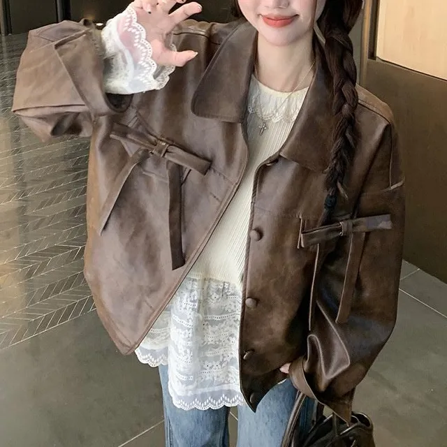 Structured Faux-Leather Leather Casual Outerwear Jacket