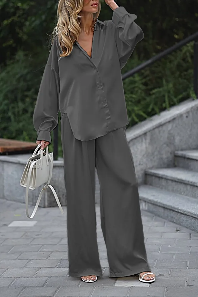 8PACK-Solid Color Silk Fabric Tank Top and Shirt and Pants Three Piece Set