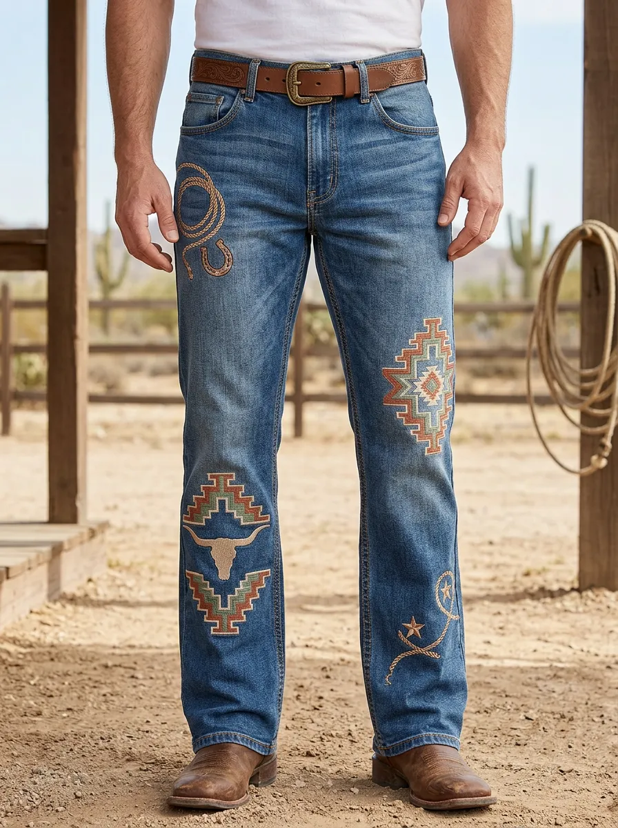 Men's Western Cowboy Southwestern Skull Jeans