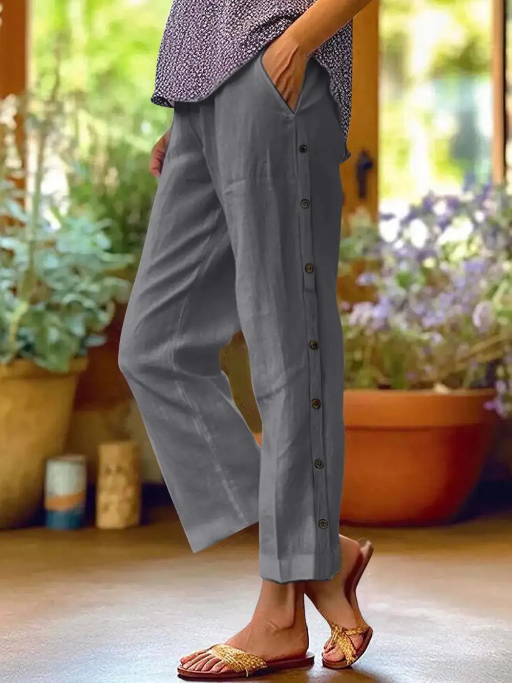 Side Decor Button Casual Wide Leg Pants
