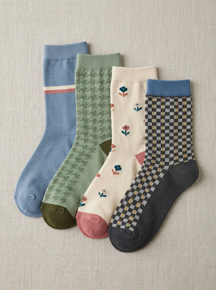 Versatile Floral Checkered Shape Women's Four Pair Socks