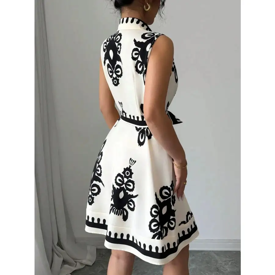 Printed Sleeveless Tie Waist Mini Dress