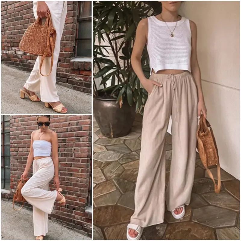 Women's cotton and linen wide-leg pants for summer