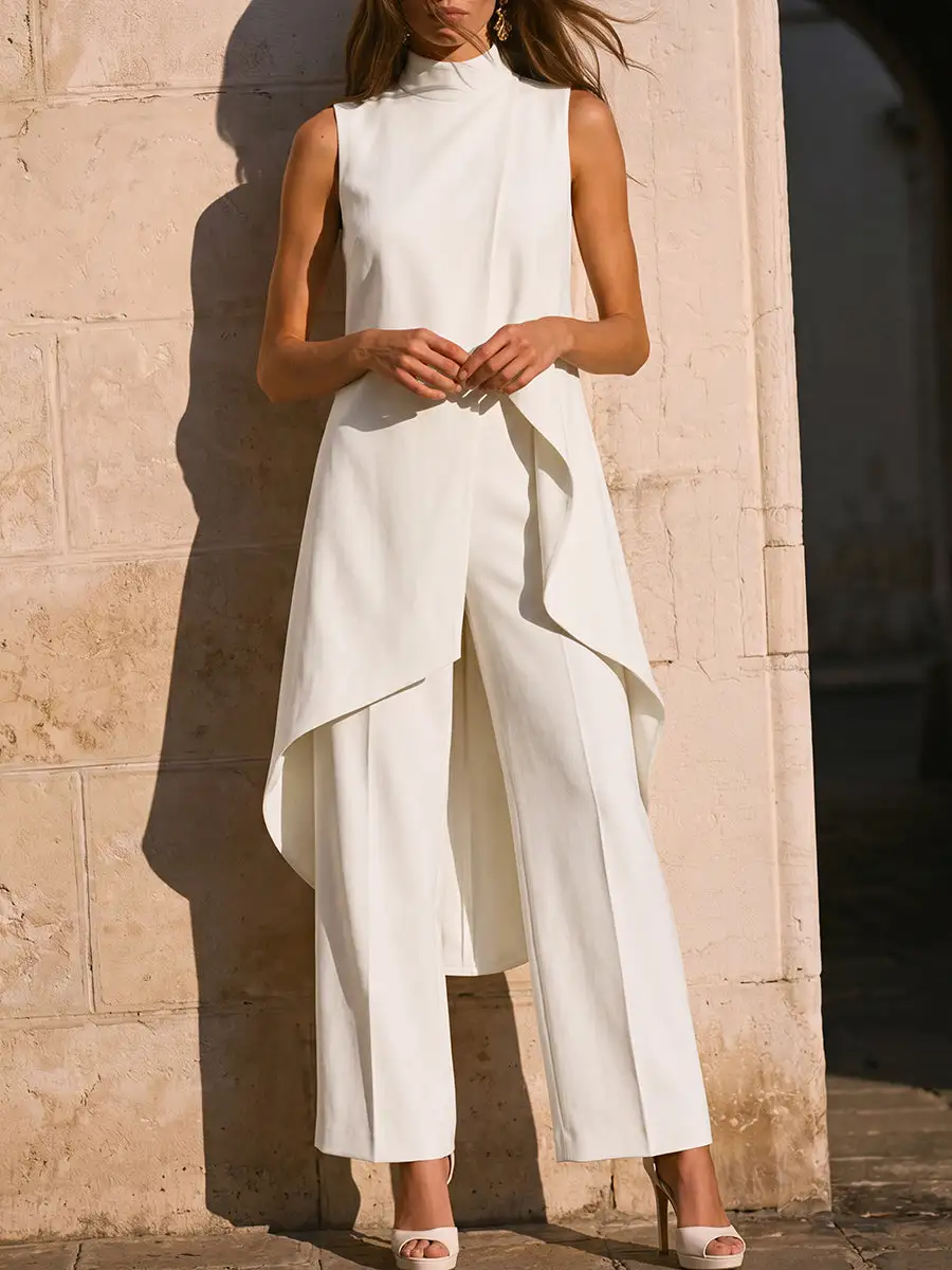 Mock Neck High Low Blouse And Pants Set
