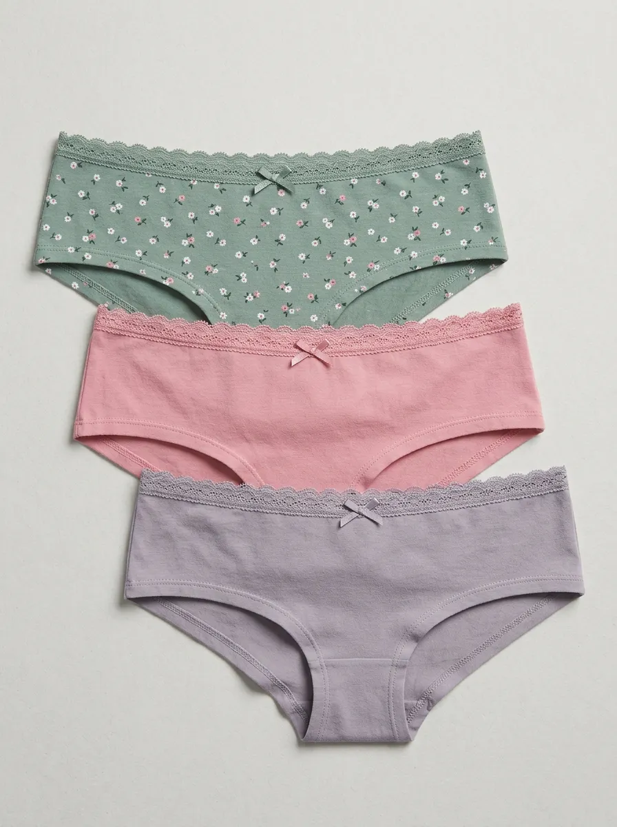 Cotton Lace-Trim Floral Women's Three-Piece Panty Set