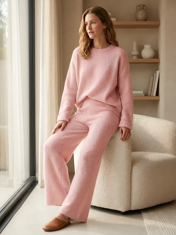 Streamlined Ribbed-Knit Long-Sleeve Casual Matching Set