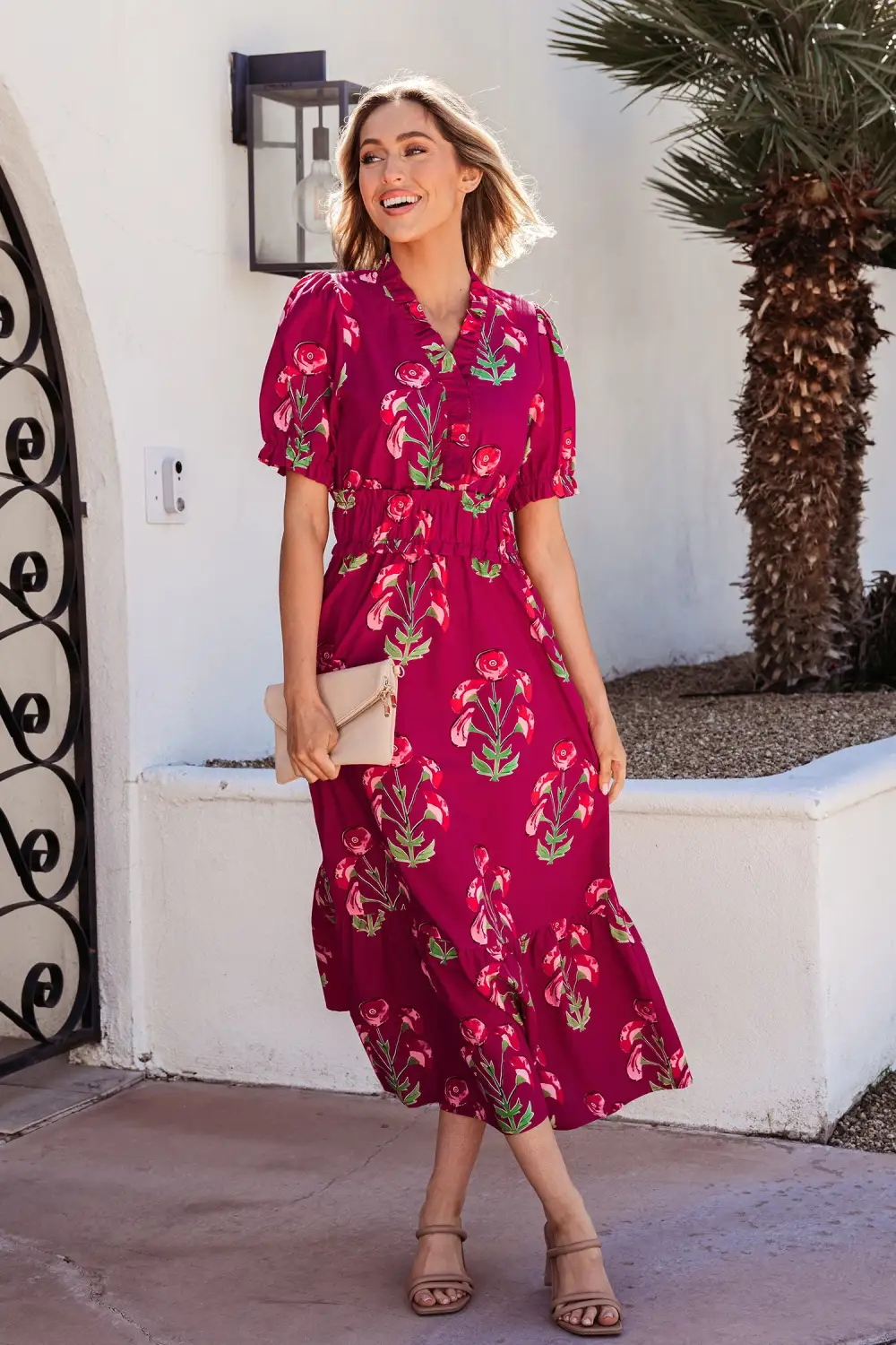 Gathered Detail Floral Printed V Neck Maxi Dress