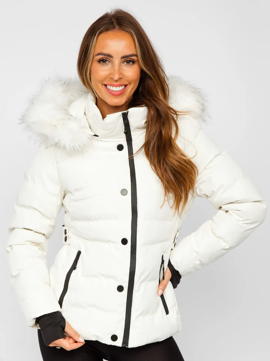 White women's quilted winter jacket with hood