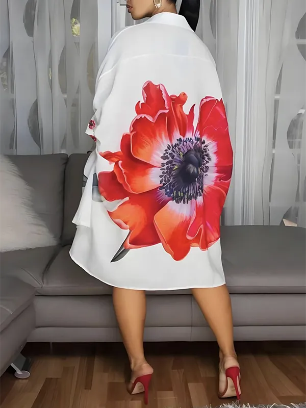 Half Sleeve Relaxed Buttoned Flower Print Lapel Mini Dress Shirt Dress