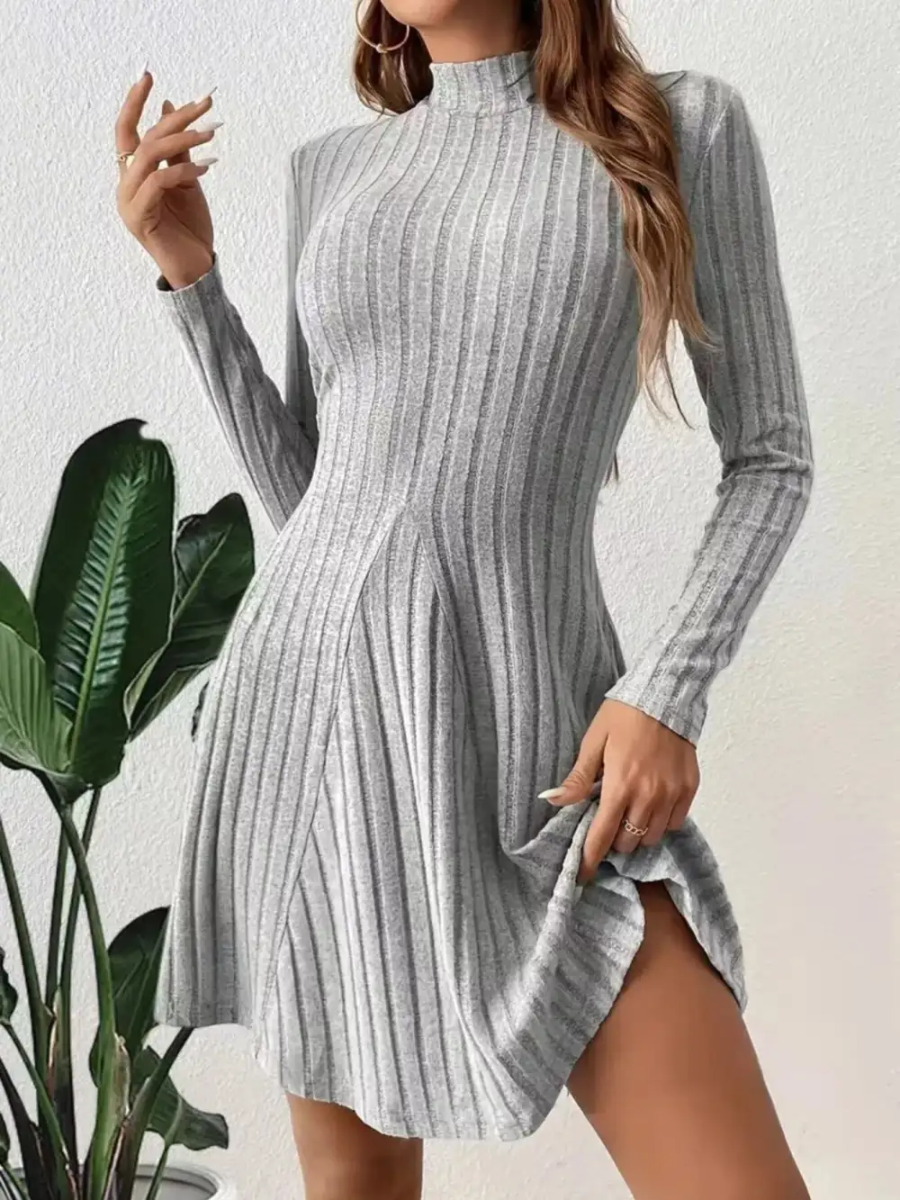 Ribbed Knit Mock Neck Mini Dress
