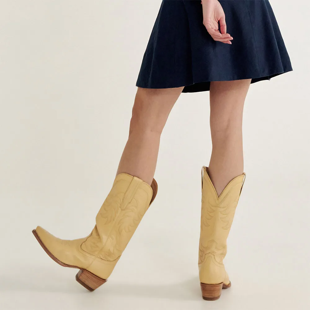 Faux-Leather Embroidered Snip-Toe Block-Heel Mid-Calf Boots