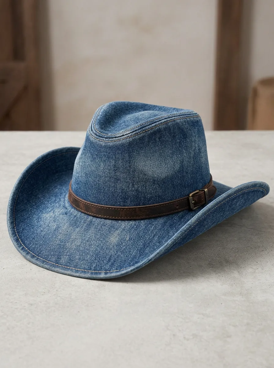 Leather Look Curved Brim Weathered Look Men's Cowboy Hat