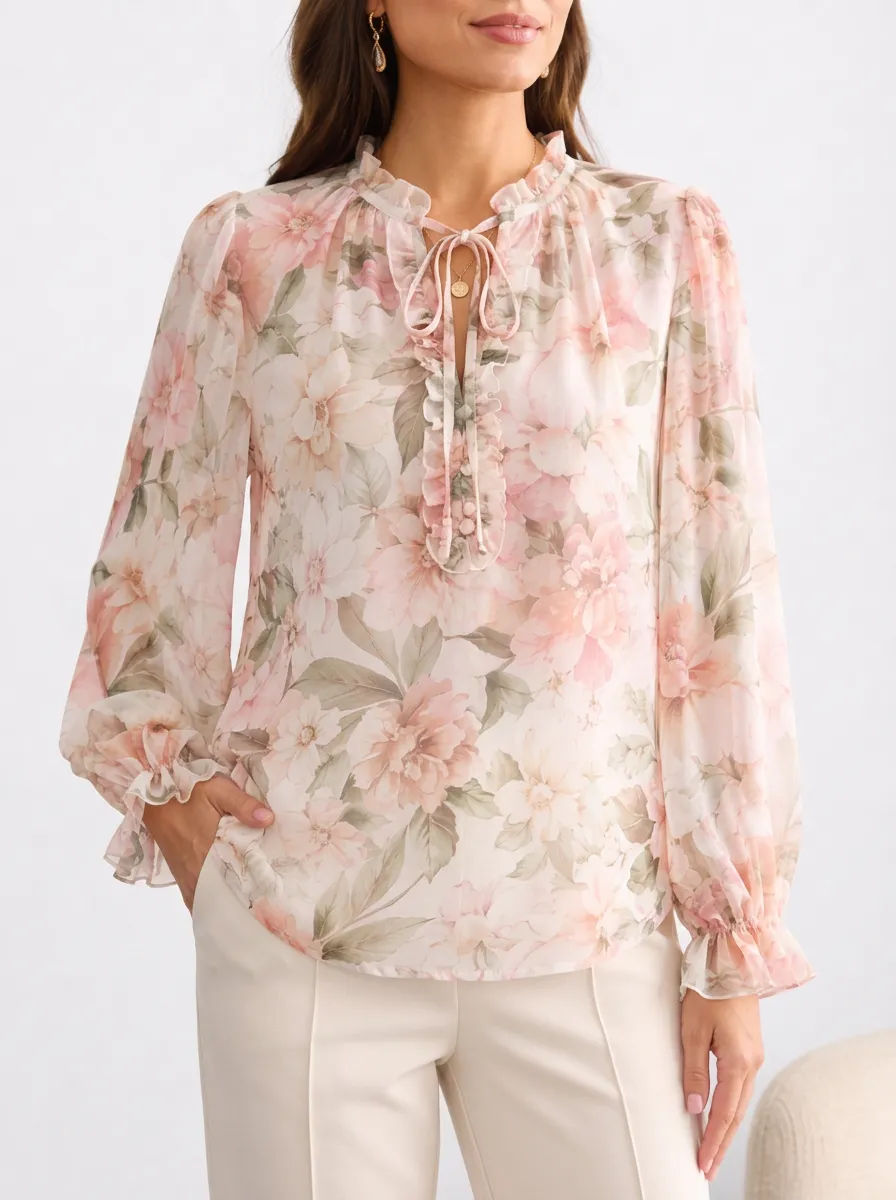 Women's Floral Print Ruffle Cuffs Short Sleeve Blouse