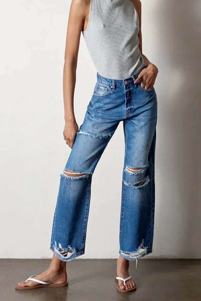 Women's Everyday Ripped Straight Rigid Denim Jeans