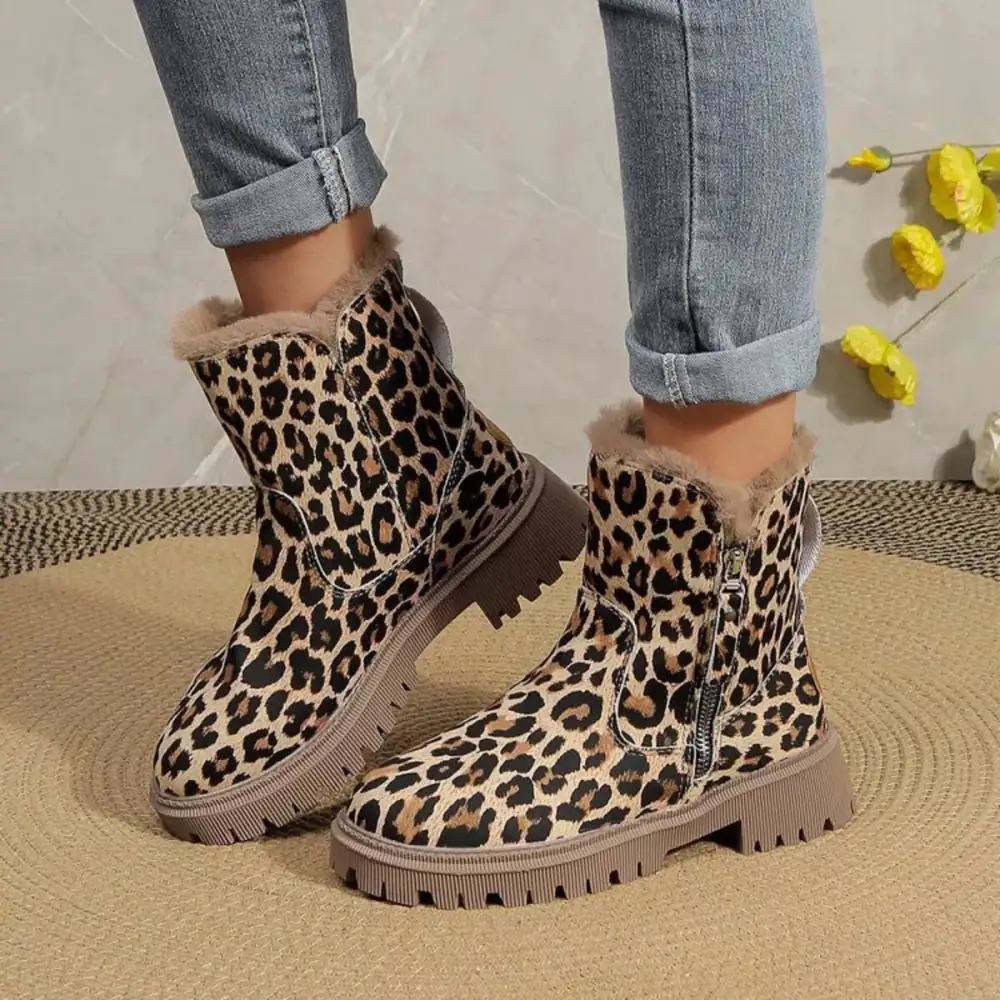 Leopard Print Fur Lined Ankle Boots