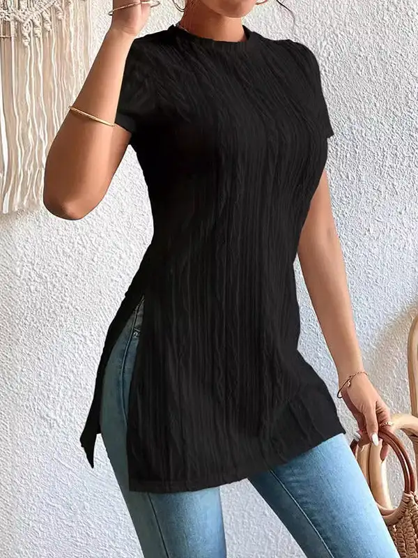 Short Sleeve Pleat Detail Panel Detail Side Slit Round Neck T-Shirt