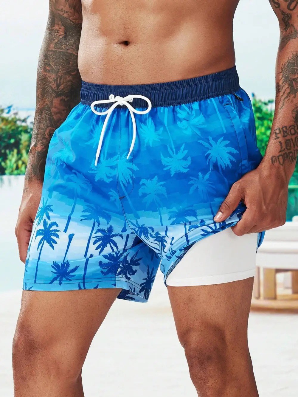 Men's Drawstring Coconut Tree Print Pocket Swim Trunks