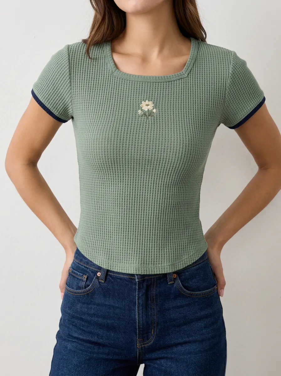 Women's Floral Minimalist Embroidered Waffle Knit Top