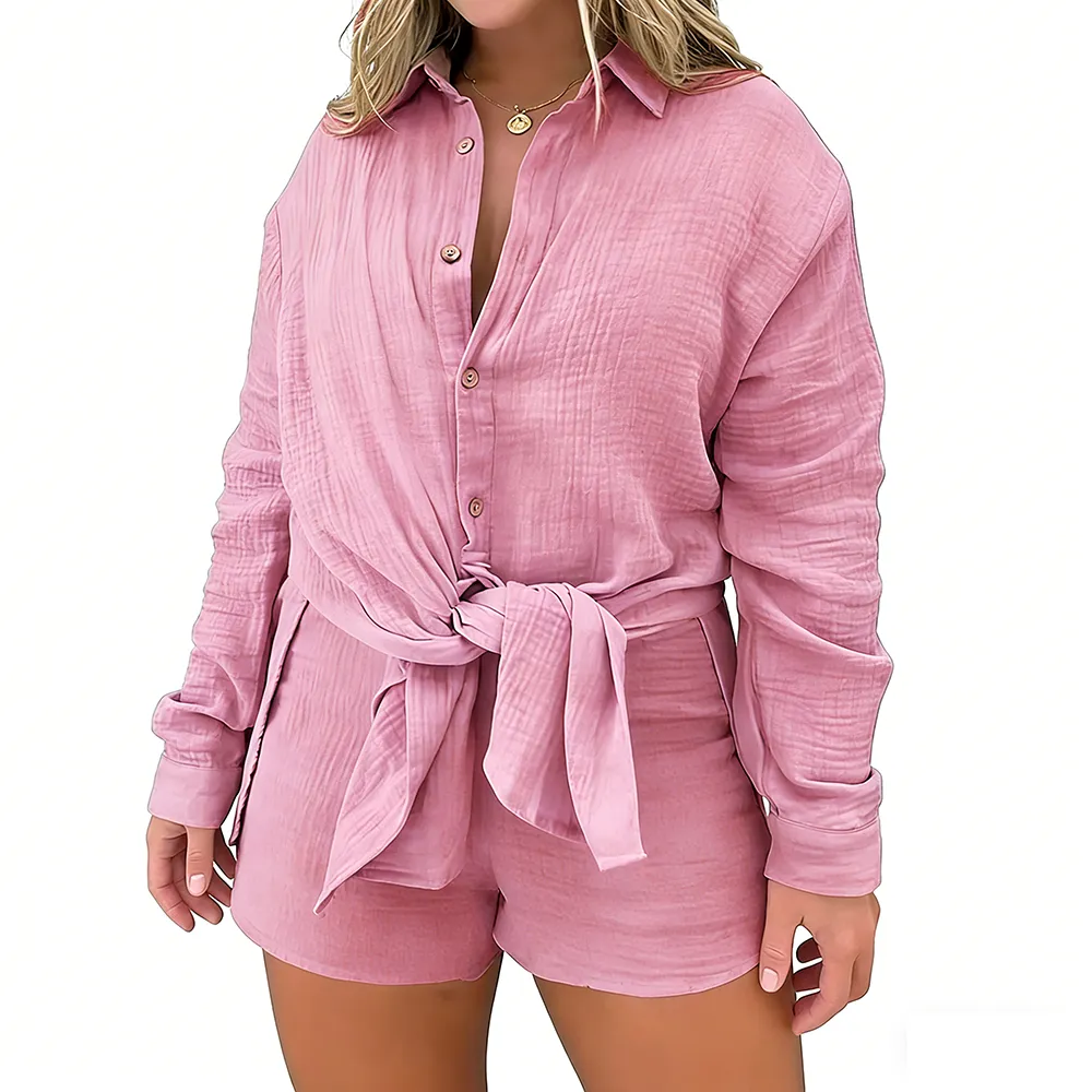 Women 2 Piece Outfits Long Sleeve Blouse and Shorts Sets