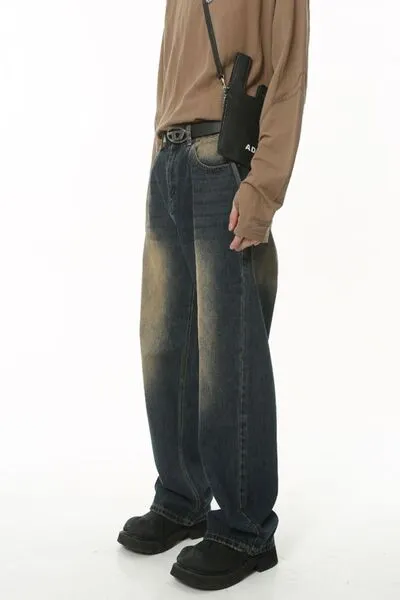 Tailored Mid-Rise Washed Pocketed Stretch Straight Leg Jeans