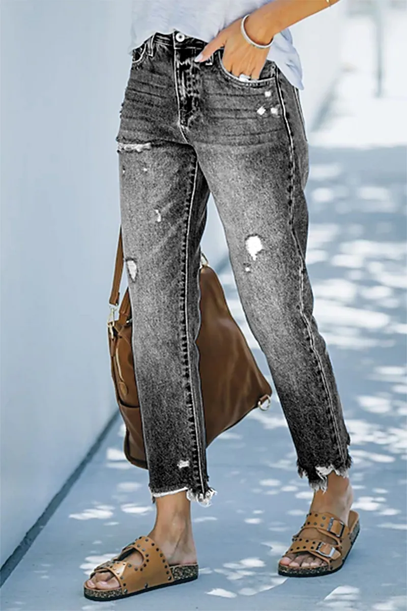 Ripped Raw Hem Zip Fly Jeans